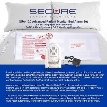 Secure Bed Alarm for Elderly Adults - Long-Term 12 x 30 in. Pressure Sensor Pad, 120 dB Caregiver Alert Monitor & Power Adapter - Smart and Reliable Fall Prevention for Seniors, Dementia Patients
