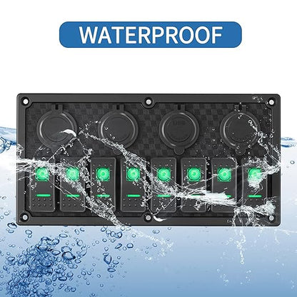 8 Gang Rocker Switch Panel, 3.1A Dual USB Charger Socket with Multi-Function LED Digital Voltmeter, 12/24V Wired Toggle Switch Panel for Automotive Cars Marine Boats RVs(Green)
