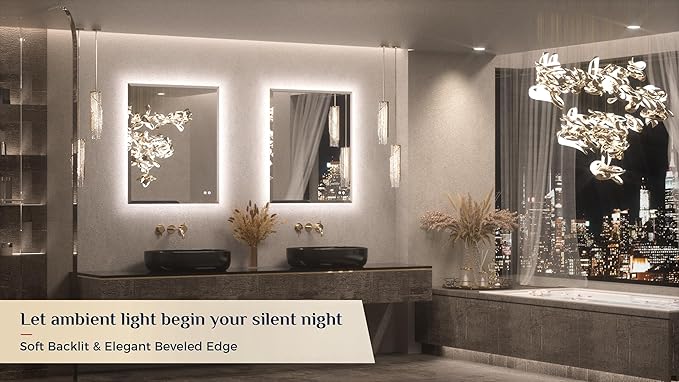 Keonjinn 30 x 36 Inch Backlit Bathroom Mirror with Lights, Light Up Mirror with Beveled Edge, UL-Listed Driver, HD Tempered Glass, 3000K/4500K/6500K, Defogging, Dimmable, Frameless LED Vanity Mirrors