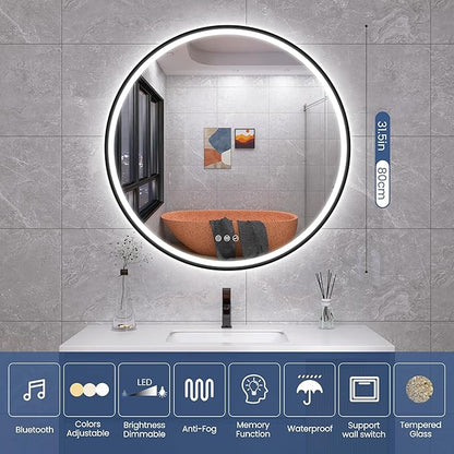 STARLEAD 32" LED-Bathroom-Mirror-with-Lights, Wall-Mounted with Bluetooth, Anti-Fog, 3 Color Temperature Dimmable Brightness, Waterproof, Tempered Glass, Frontlit & Backlit, Black Frameless Round