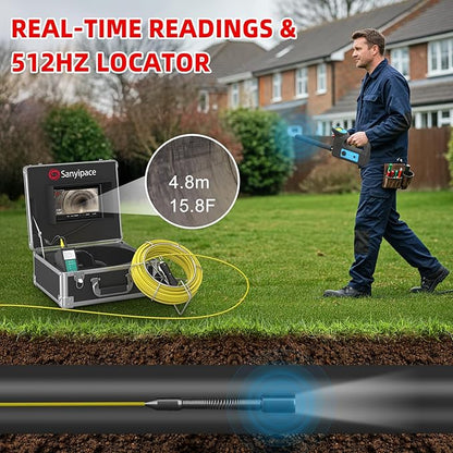 Sanyipace Self-Leveling Sewer Camera 165FT, Drain Plumbing Camera with 512Hz Pipe Locator, Feet Meter Counter, for Plumbers Homeowner Home Inspectors Construction Maintenance Worker