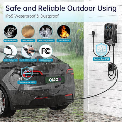 QIAO Level 2 EV Charger, Up to 48A Hardwired Electric Car Charger, Wi-Fi Bluetooth APP Enabled EVSE, 4.3in Display, 25ft Cable, Charge Station Compatible with All SAE J1772 EV Models (Black)