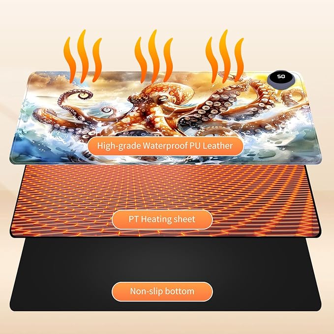 Heated Mouse Pad for Desk 31.5" x 13" – PU Leather Warm Desk Pad with 3 Heat Levels (104°F/113°F/122°F), Plug-in Electric Heating Mat with Auto Shut-Off, Waterproof & Rollable, Ocean Octopus