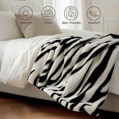 Luxury Faux Fur Heated Blanket Electric Throw - Zebra Print Ultra Soft Thick Warm Heated Blanket, 6 Heating Levels & 12 Hours Auto-Off, ETL Certified, Washable, Luxurious Gifts, 50''x60''