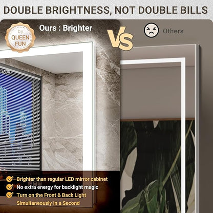 72x30 LED Medicine Cabinet Mirror with Double Lights-Front & Backlit, 155°Soft-close Hinge, Surface or Recessed Dimmable Lighted Medicine Cabinet Mirror with Clock Outlet Inner Light,Anti-fog