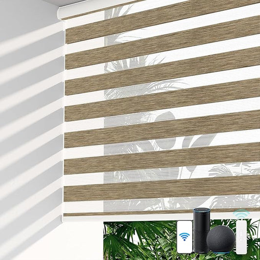 LazBlinds Motorized Zebra Roller Shades, Rechargeable Smart Blinds with Remote Control, Custom Size Light Filtering Dual Layer Roller Sheer Shades, Coffee Linen