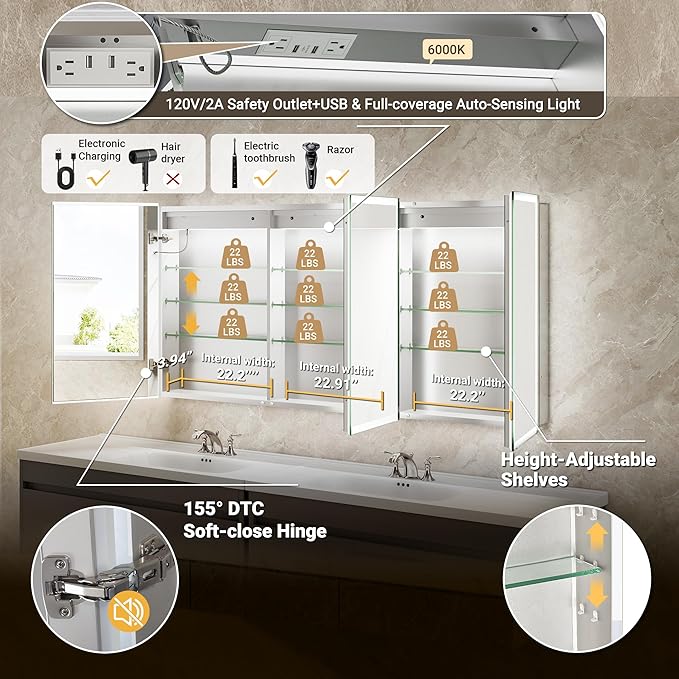 72x30 LED Medicine Cabinet Mirror with Double Lights-Front & Backlit, 155°Soft-close Hinge, Surface or Recessed Dimmable Lighted Medicine Cabinet Mirror with Clock Outlet Inner Light,Anti-fog