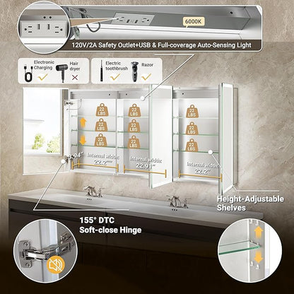 72x30 LED Medicine Cabinet Mirror with Double Lights-Front & Backlit, 155°Soft-close Hinge, Surface or Recessed Dimmable Lighted Medicine Cabinet Mirror with Clock Outlet Inner Light,Anti-fog