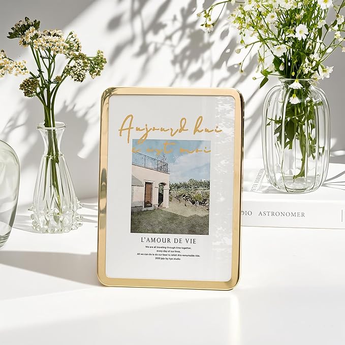 Axeman 5x7 Picture Frame-Metal Rounded Corner Frame 5x7, 5''x7''Photo Frame with Tempered Glass,Tabletop and Wall Display, One-Piece 5 By 7 Metal Picture Frame for images, Gold