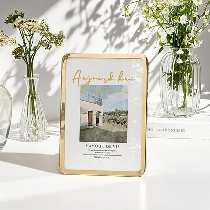 Axeman 5x7 Picture Frame-Metal Rounded Corner Frame 5x7, 5''x7''Photo Frame with Tempered Glass,Tabletop and Wall Display, One-Piece 5 By 7 Metal Picture Frame for images, Gold