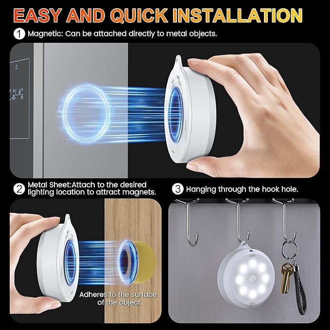 YiaMia Motion Sensor Under Cabinet Lighting - 3 Pack, 3 × AA Battery Operated Smart Wireless Night Light, 3 Light Colors + Dimming, Indoor Stair Light Suitable for Kitchen, Wardrobe and Hallway