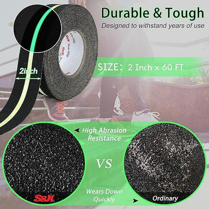 S&X Heavy Duty Anti Slip Tape 2 Inch x 60 Ft with Glow in The Dark Strip - Durable Grip Tape for Stairs, Outdoor Non Slip Stair Tread Non-Skid Safety Tape