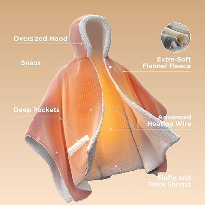 Bedsure Heated Blanket Wearable Shawl - Electric Wrap Poncho Blanket Hoodie Adult as Winter Gifts for Mom Women Girlfriend, Warm Sherpa Heating Throw, Auto Shut Off, 55x64 inches, Beige Plaid Pattern