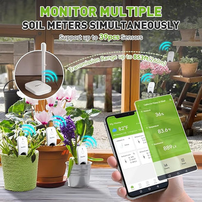 RainPoint 3-in-1 APP Remote Monitoring WiFi Soil Moisture Meter for Plants Indoor/Outdoor,IP66 Waterproof Sensor Only Can Not Use Alone,Smart Wireless Temperature Sunlight Hygrometer