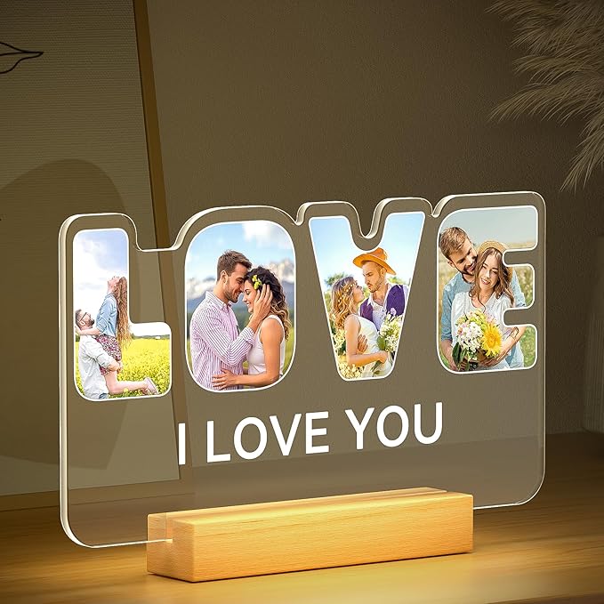 Custom Picture Frames with Photo, Personalized Picture Frame with Night Light, Customized Photo Frame Gifts, Personalized Anniversary Valentines Day Gifts for Women Men Her Him Girlfriend Boyfriend Couple