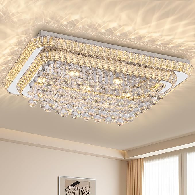 COCOSTAR 32 inch Crystal Flush Mount Chandelier Remote/APP, Modern Raindrop LED Ceiling Light, 3CCT Dimmable & Brightness Adjustable,Elegant Chandeliers for Bedroom Hallway Dinning Room Living Room