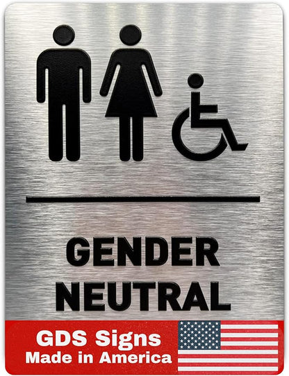 Gender Neutral Restroom Sign by GDS - ADA Compliant, Wheelchair Accessible, Raised Icons, & Grade 2 Braille - Includes Adhesive Strips for Easy Installation - Bathroom Sign, Bathroom Signs for Business, Restroom Signs for Business - 6" W x 8" H (Brushe...