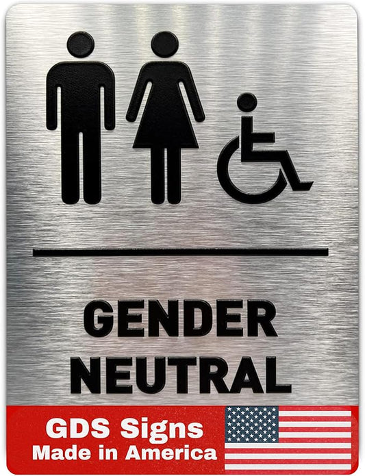Gender Neutral Restroom Sign by GDS - ADA Compliant, Wheelchair Accessible, Raised Icons, & Grade 2 Braille - Includes Adhesive Strips for Easy Installation - Bathroom Sign, Bathroom Signs for Business, Restroom Signs for Business - 6" W x 8" H (Brushe...