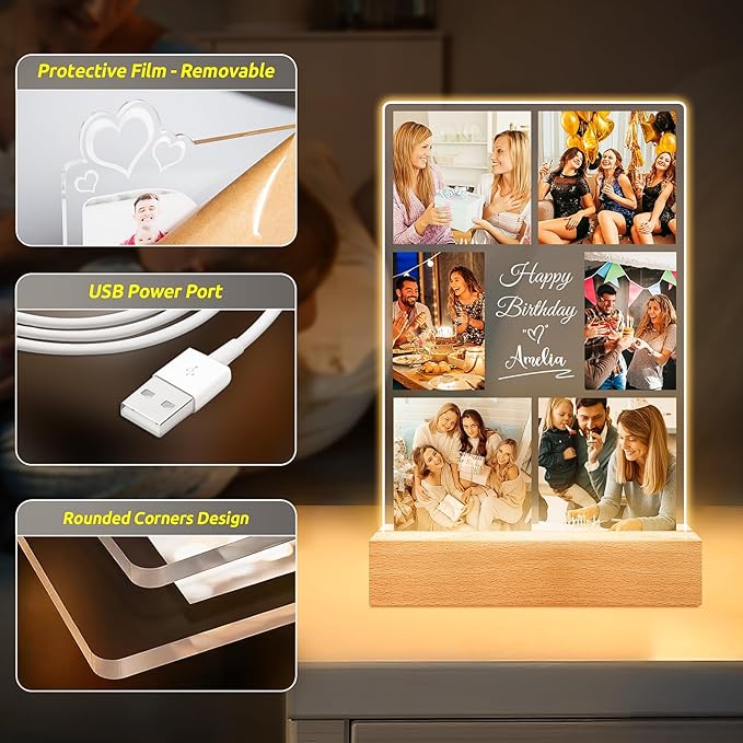Custom Picture Frames with Photo, Personalized Picture Frame with Night Light, Custom Photo Frame, Customized Best Friend Photo Gifts, Personalized Birthday Gifts for Women Friends Her Him