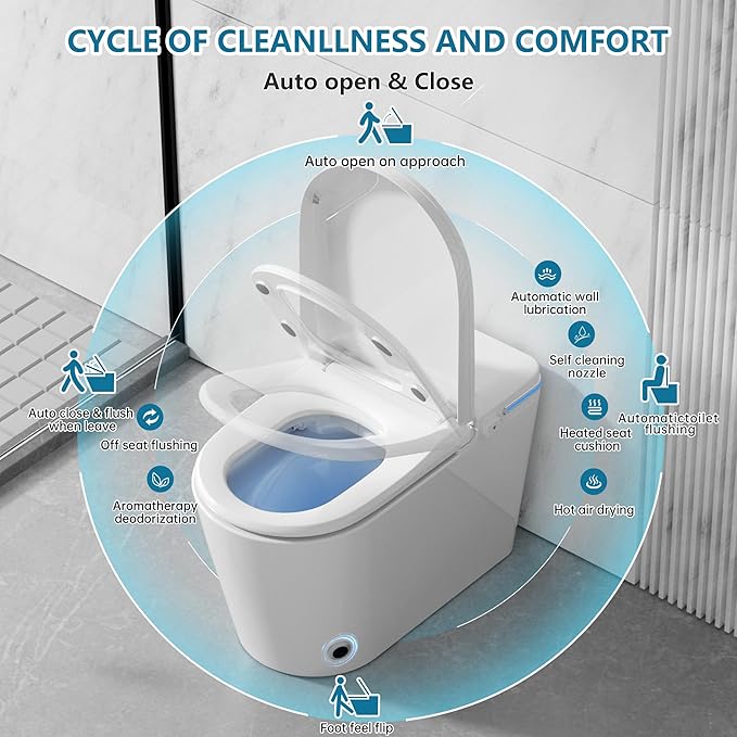 TDH Smart Toilet,One Piece Bidet Toilet for Bathroom,Toilet with Fahrenheit LED Display,Aromatherapy Tablet,Foot Sensor Operation & Auto Flush,Warm Water & Dry Function,Round Bidet Toilet Seat