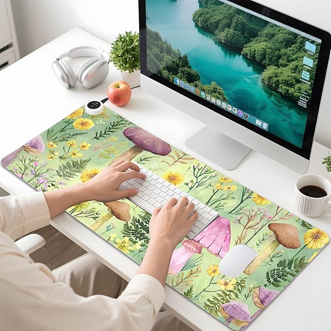 Heated Desk Pad Mouse Pad 31.5x13 Inch PU Leather Desk Mat with 3 Heat Levels Large Mouse Gaming Computer Laptop Mat Watercolor Mushrooms Green