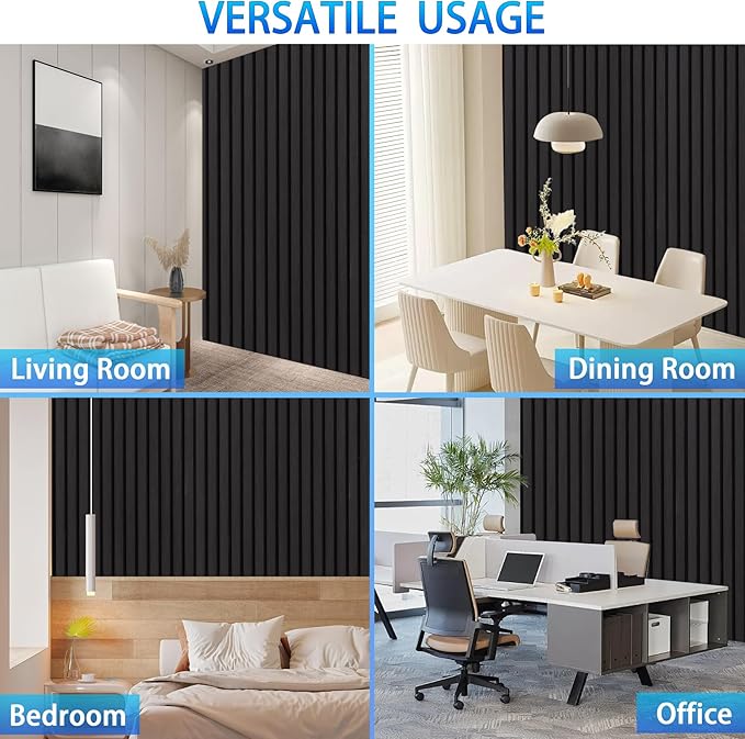 3D Slat Acoustic Wall Panels with Wood Finish Accent, 4 Pack Sound Absorbing Paneling for Studio, Office, Living Room, Bedroom Interior Decor (Matte Black, 48''L x 24''W)