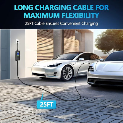 40 amp EV Charger Level 2 & 1 Portable EV Charging Station with 25FT Cable, 240V, NEMA 14-50 Plug with SAE J1772 Fast Charging for Indoor/Outdoor(with Tesla Adapter & NEMA 5-15 Plug)