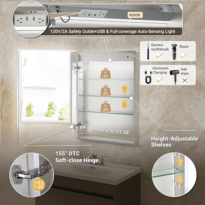 24x32 Medicine Cabinet Mirror with Double Lights & Clock, Front+Backlit Surface or Recessed Fogless Lighted Medicine Cabinet Mirror, 155°Soft-close Right Hinge,Time-Display,Outlet,Inner Light