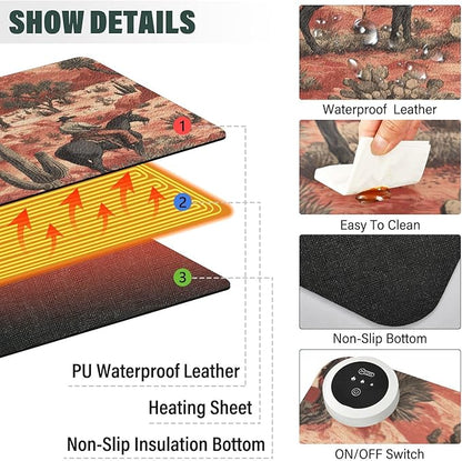 Heated Desk Pad Mouse Pad 31.5x13 Inch PU Leather Desk Mat with 3 Heat Levels Large Mouse Gaming Computer Laptop Mat Cowboys Horses Cactus Desert