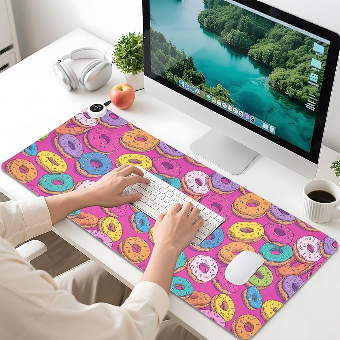 Heated Desk Pad Mouse Pad 31.5x13 Inch PU Leather Desk Mat with 3 Heat Levels Large Mouse Gaming Computer Laptop Mat Cute Donuts Colorful