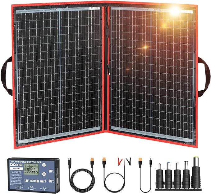 DOKIO 100W Portable Foldable Solar Panel Kit (19x26in, 5.3lb), with Separate Controller and Dual USB, Monocrystalline Charger for 12V Batteries & Power Stations, RV Camping Trailer Emergency Backup
