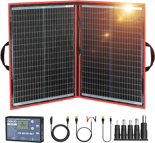 DOKIO 100W Portable Foldable Solar Panel Kit (19x26in, 5.3lb), with Separate Controller and Dual USB, Monocrystalline Charger for 12V Batteries & Power Stations, RV Camping Trailer Emergency Backup