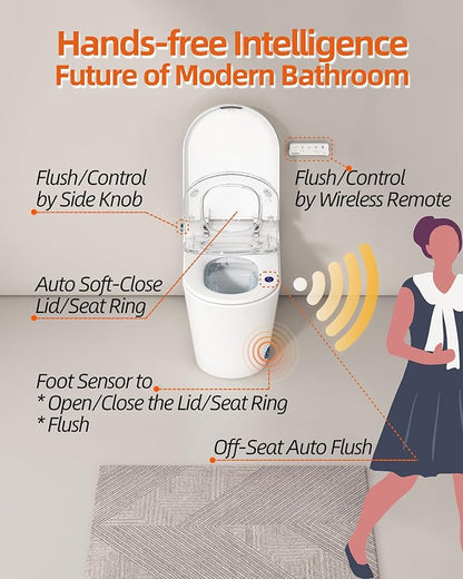 Smart Toilet with Bidet Built in, Luxury One Piece Elongated Bidet Toilet with Auto Close & Flush, Foot Sensor to Open/Close/Flush, Heated Seat, Massage Wash, Night Light, Remote Control