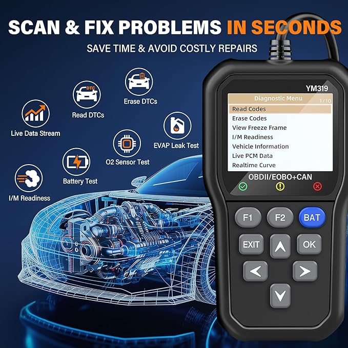 BluSon YM319 OBD2 Scanner Diagnostic Tool with Battery Tester, Check Engine Fault Code Reader with Live Data, Cloud Printing, DTC Lookup, Freeze Frame, Scan Tool for All OBDII Protocol Cars Since 1996