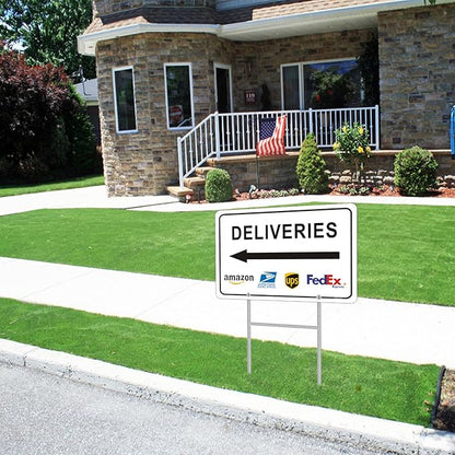 Deliveries Sign with Stake 12”x8” Delivery Sign with Arrow Left Aluminum Metal Delivery Instruction for Packages Easy Installation for Home