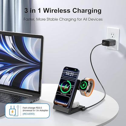 3 in 1 Wireless Charging Station for Multiple Devices, Fast Foldable Travel Mag-Safe Stand for iPhone 17/16/15/14/13 Series, Magnetic Charger for Apple Watch 11/10/Ultra 3/2/AirPods 4 with 20W Adapter