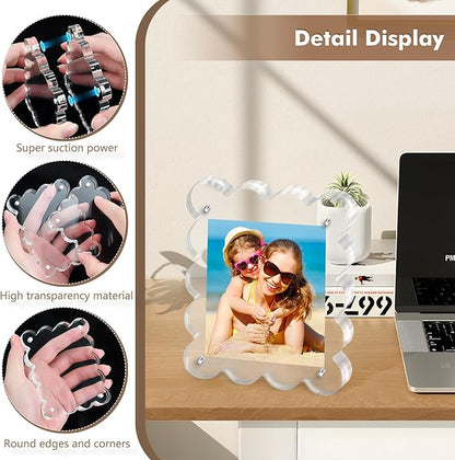 Acrylic Photo Frame 2×3inch - 3Pack Magnetic Picture Frames with 10+10mm Thick Block, Scalloped Edge Design, Double-Sided Magnet Frames for Modern Desktop Display (Clear, 2x3)