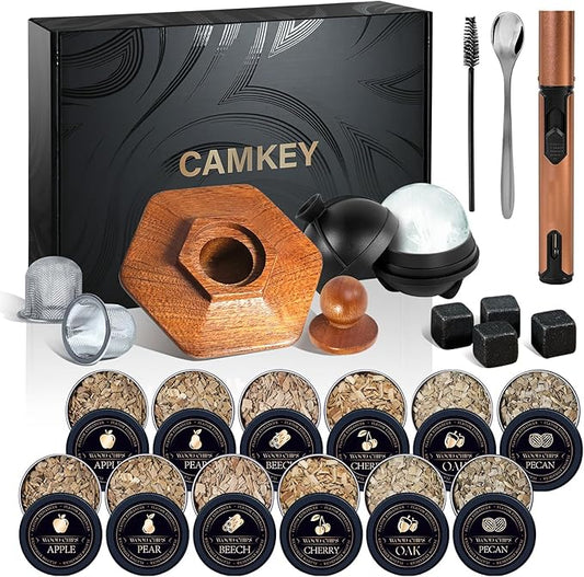 23Pcs Whiskey Smoker Kit with Torch-12 Wood Chips, Ice Ball Mold, Cocktail Smoker Infuser Kit, Old Fashioned Drink Smoker Kit, Birthday Bourbon Whiskey Gifts for Men,Dad,Him, Christmas