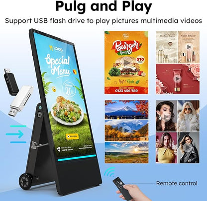 43 inch Rechargeable Portable Outdoor Digital Signage Displays, 2K FHD, IP65 Waterproof, Smart LCD Split Screen, Brightness Auto-Adjustment Movable Advertising Kiosk with Android OS