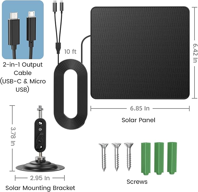 KJK 6W Solar Panel for Security Cameras – Solar Battery Charger with Micro USB & USB-C | IP66 Waterproof | 360° Adjustable Mount