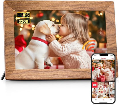 Frameo 10.1" Digital Picture Frame, Smart WiFi Digital Photo Frame with 1280x800 HD IPS Touch Screen 32GB Memory Auto-Rotate Wall Mounted, Share Photos/Videos from Phone Anywhere - Brown