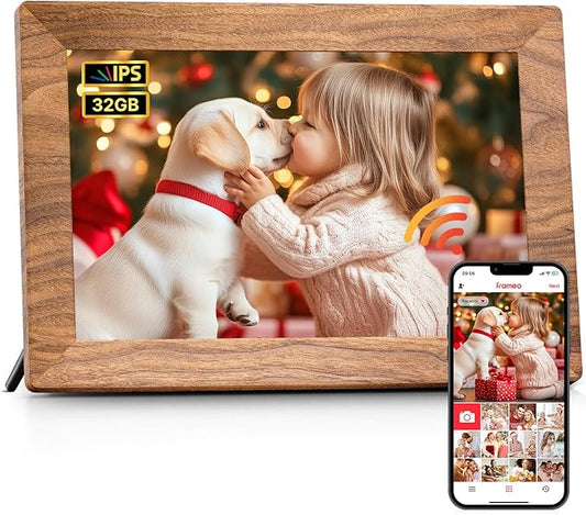Frameo 10.1" Digital Picture Frame, Smart WiFi Digital Photo Frame with 1280x800 HD IPS Touch Screen 32GB Memory Auto-Rotate Wall Mounted, Share Photos/Videos from Phone Anywhere - Brown