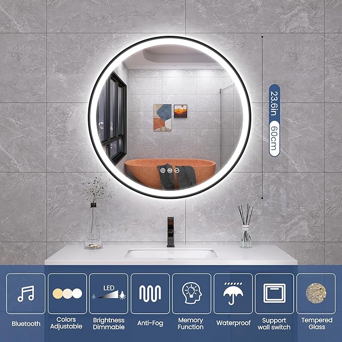 STARLEAD LED-Bathroom-Mirror-with-Lights, 24" Wall-Mounted with Bluetooth Speaker, Anti-Fog, 3 Color Temperature Dimmable Brightness, Waterproof, Frontlit & Backlit, Black Frameless Round