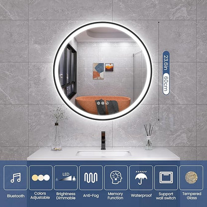 STARLEAD LED-Bathroom-Mirror-with-Lights, 24" Wall-Mounted with Bluetooth Speaker, Anti-Fog, 3 Color Temperature Dimmable Brightness, Waterproof, Frontlit & Backlit, Black Frameless Round