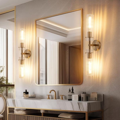 Brass Gold 2-Light Knurled Wall Sconce, Dual-Head Vanity Lamp Set of Two with Vertical Striped Glass Tube, Bathroom Wall Sconces, Wall Lights for Living Room Bedroom Hallway Kitchen Bathroom Mirror