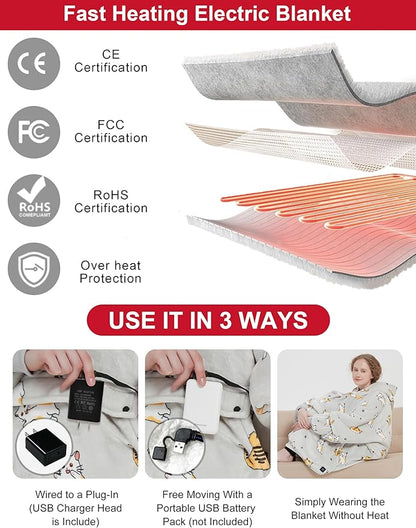 KFUBUO Heated Electric Wearable Blanket Throw Battery Operated Portable USB Cordless Outdoor Hoodie Sweatshirt