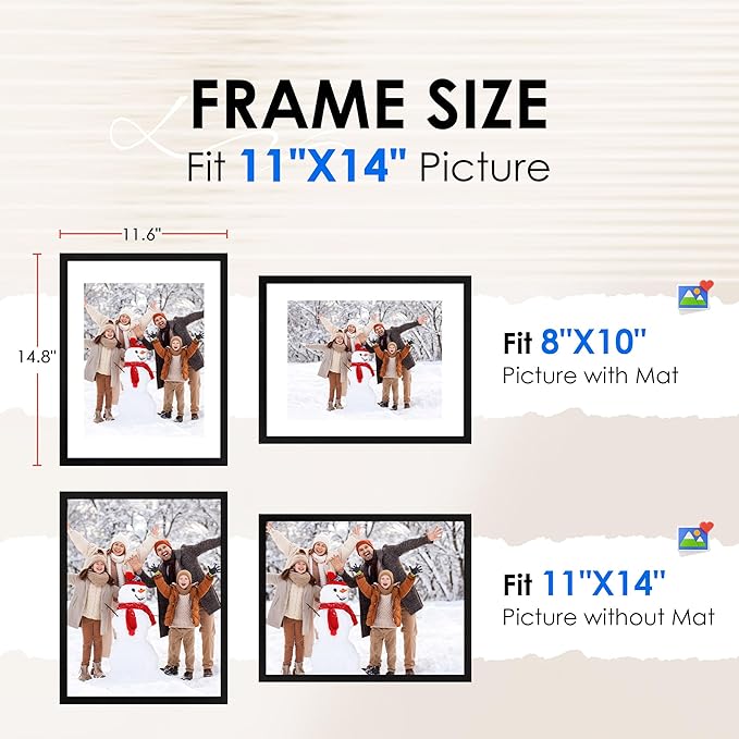 FIXSMITH 11x14 Picture Frame 1 Pack, Photo Frame with HD Plexiglass, Display Pictures 8x10 with Mat or 11x14 Without Mat, Black Picture Frames Collage Wall Decor, Gallary Wall Frame