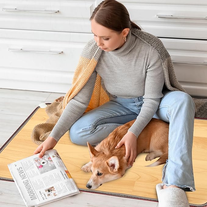 PVC 110V Heated Floor Mat Heater for Foot Warmer Under Desk 31.5 x 20 Inch Carbon Crystal Wood Stripe Electric Heating Carpet Pad Energy Saving Indoor Heated Rug for Home Office House Brown