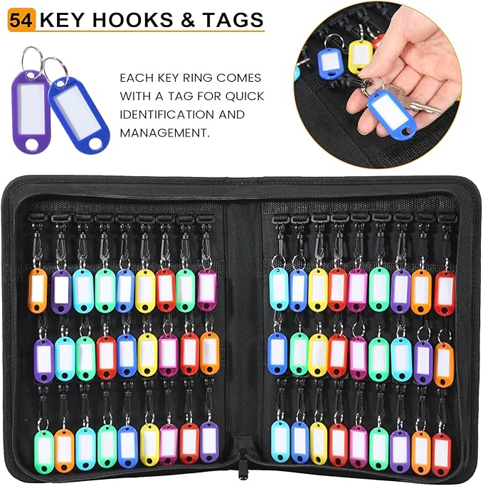 Zippered Key Case Organizer with Handle, Waterproof and Fireproof Key Binder with 54 Hooks and Tags Portable Key Storage Book for Offices Real Estate Agencies Hotels and Rental Management