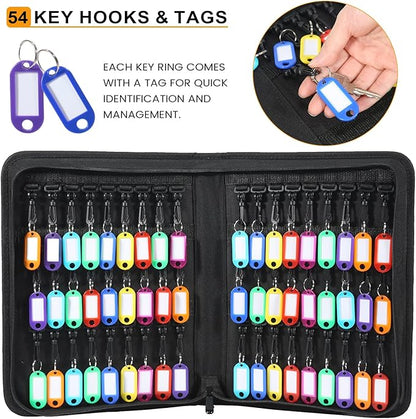 Zippered Key Case Organizer with Handle, Waterproof and Fireproof Key Binder with 54 Hooks and Tags Portable Key Storage Book for Offices Real Estate Agencies Hotels and Rental Management